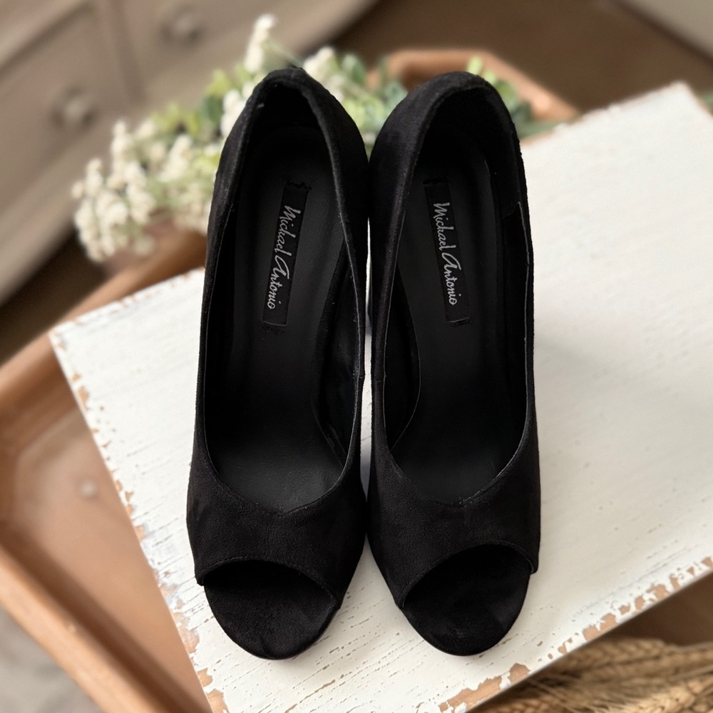 Michael Antonio Faux Suede Open Toe Pumps